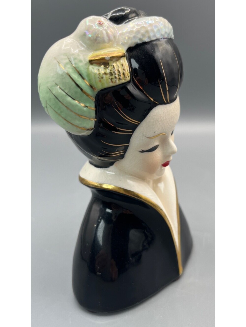 Rare Vintage Japan Geisha Lady Head Vase Black Robe Gold Madame Butterfly MCM - Picture 6 of 11
